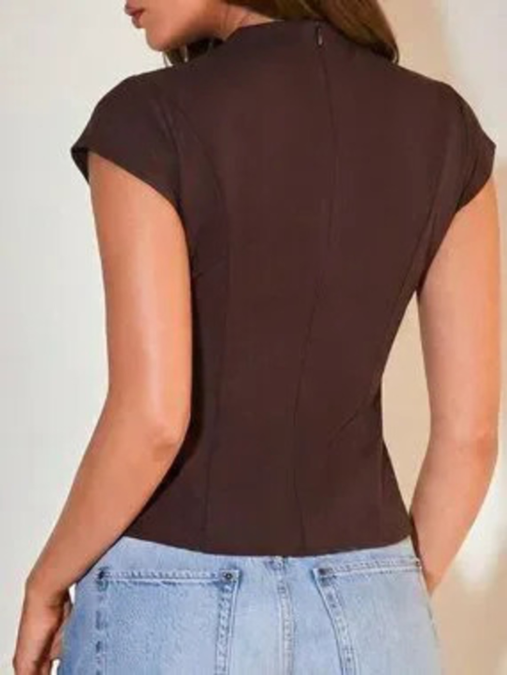 Brown Casual Women's Classic Elegant Office Regular Batwing Stand Collar Blouse